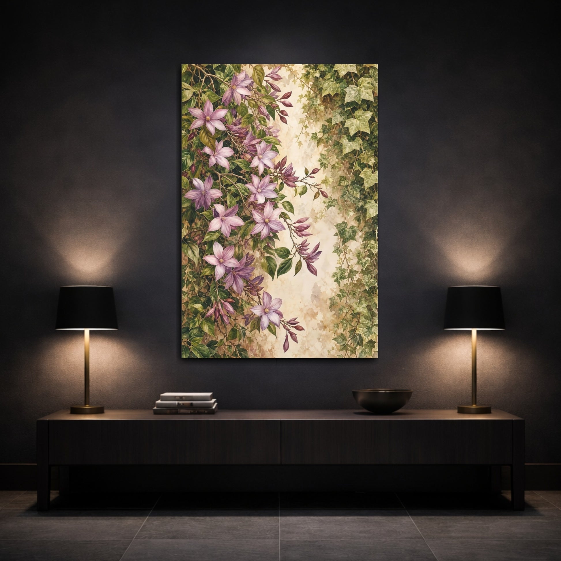 Mockup 3. Floral Purple Flowers Purple And Green shown as stretched canvas wall art