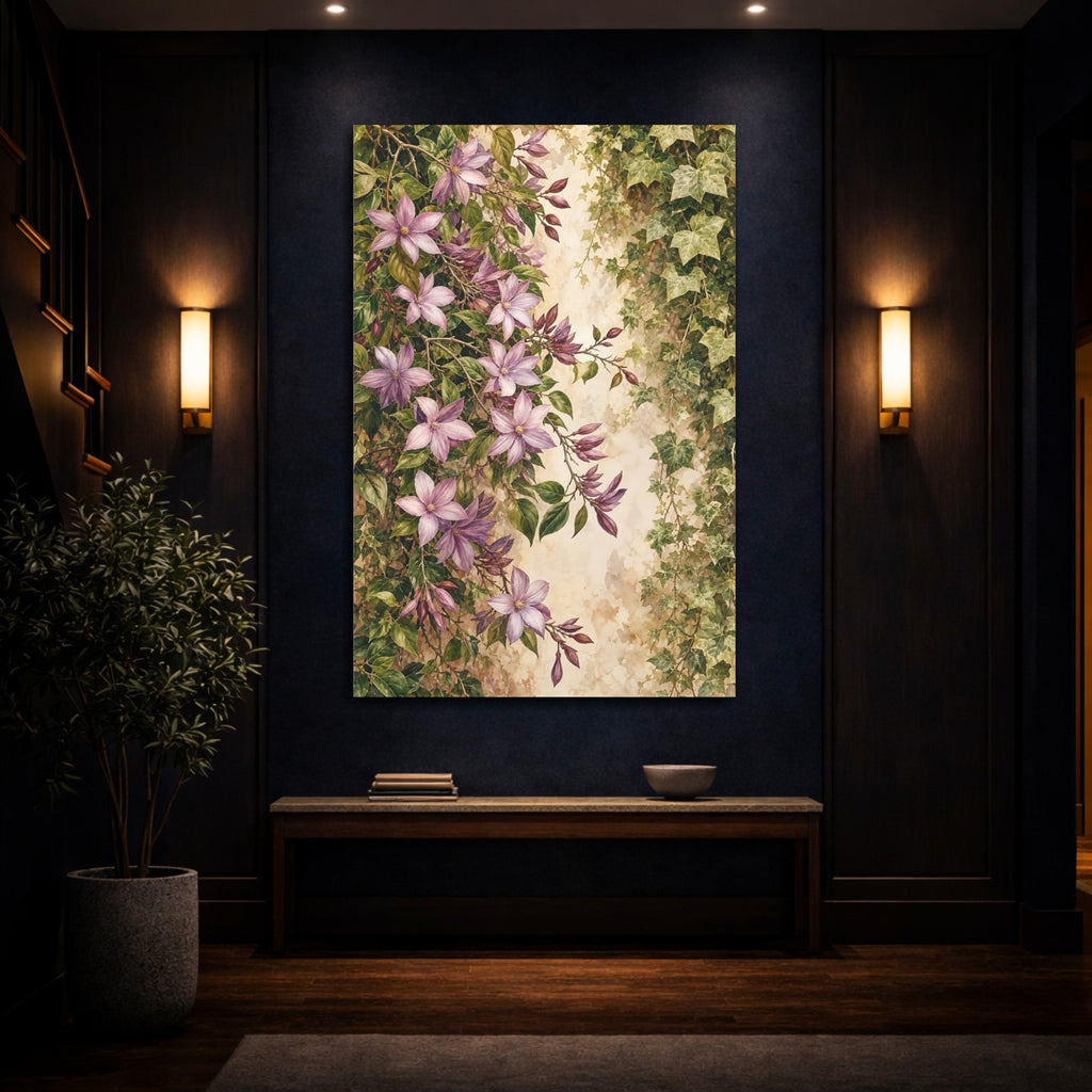 Mockup 4. Floral Purple Flowers Purple And Green shown as stretched canvas wall art