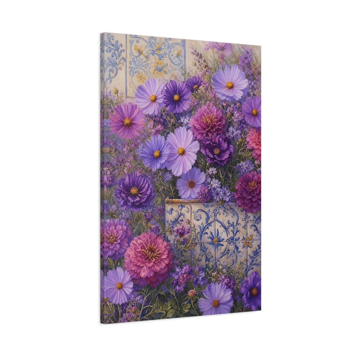 Main Mockup. Floral Purple Flowers Purple Floral shown as stretched canvas wall art