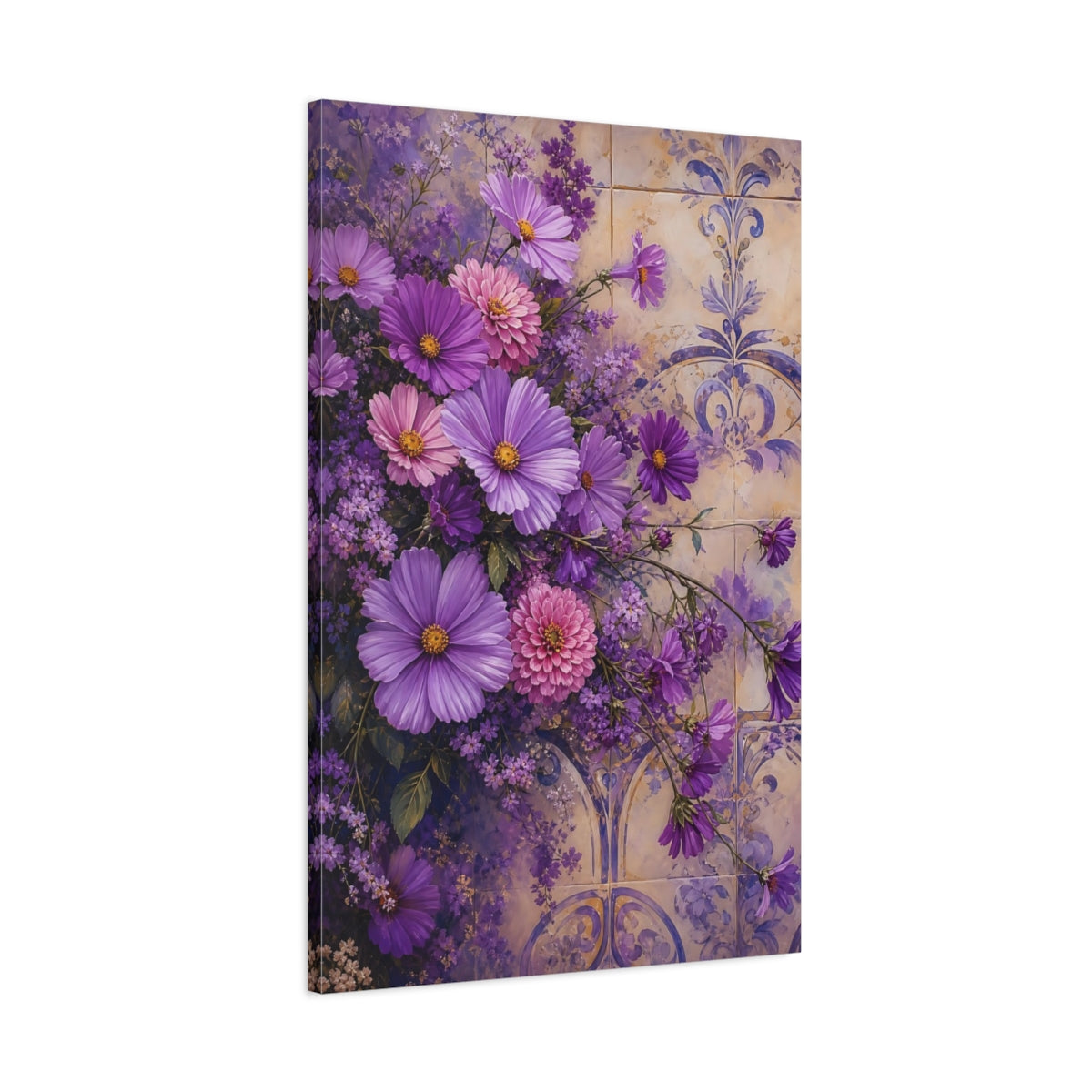 Main Mockup. Floral Purple Flowers Purple Floral shown as stretched canvas wall art