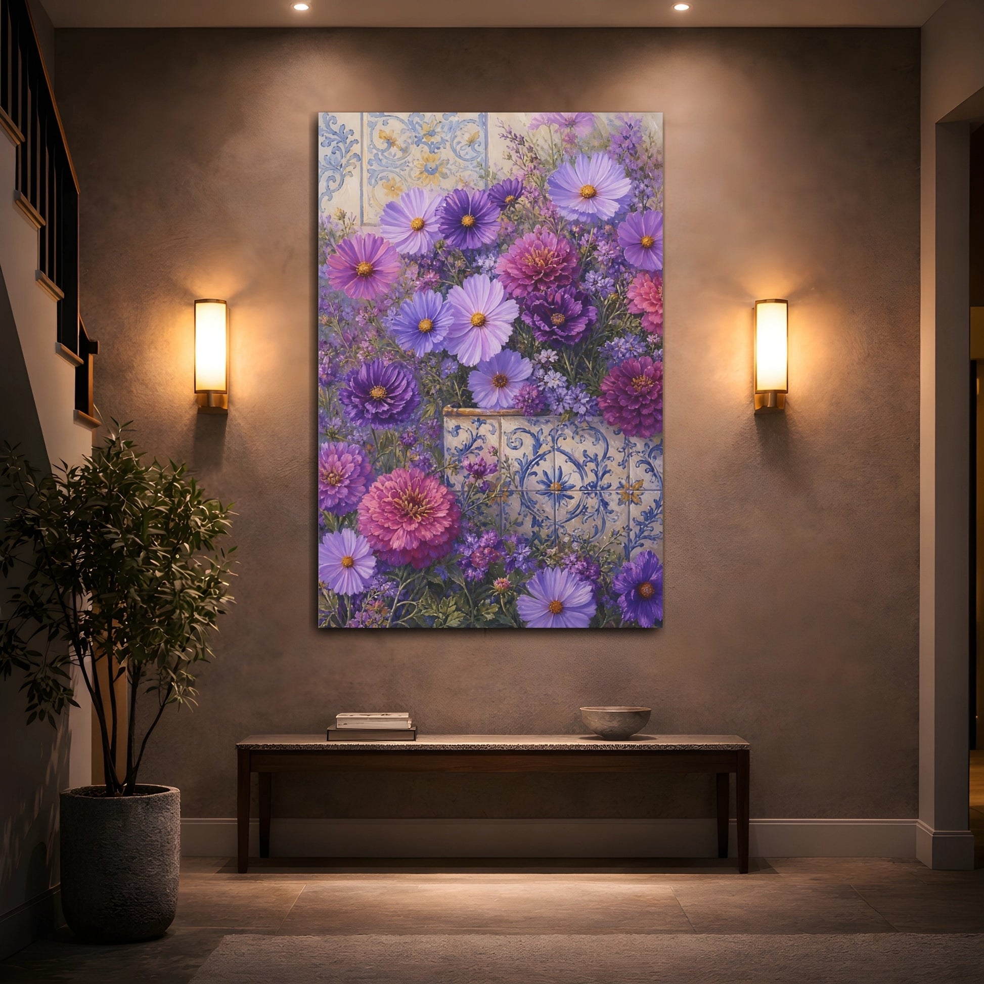 Mockup 2. Floral Purple Flowers Purple Floral shown as stretched canvas wall art
