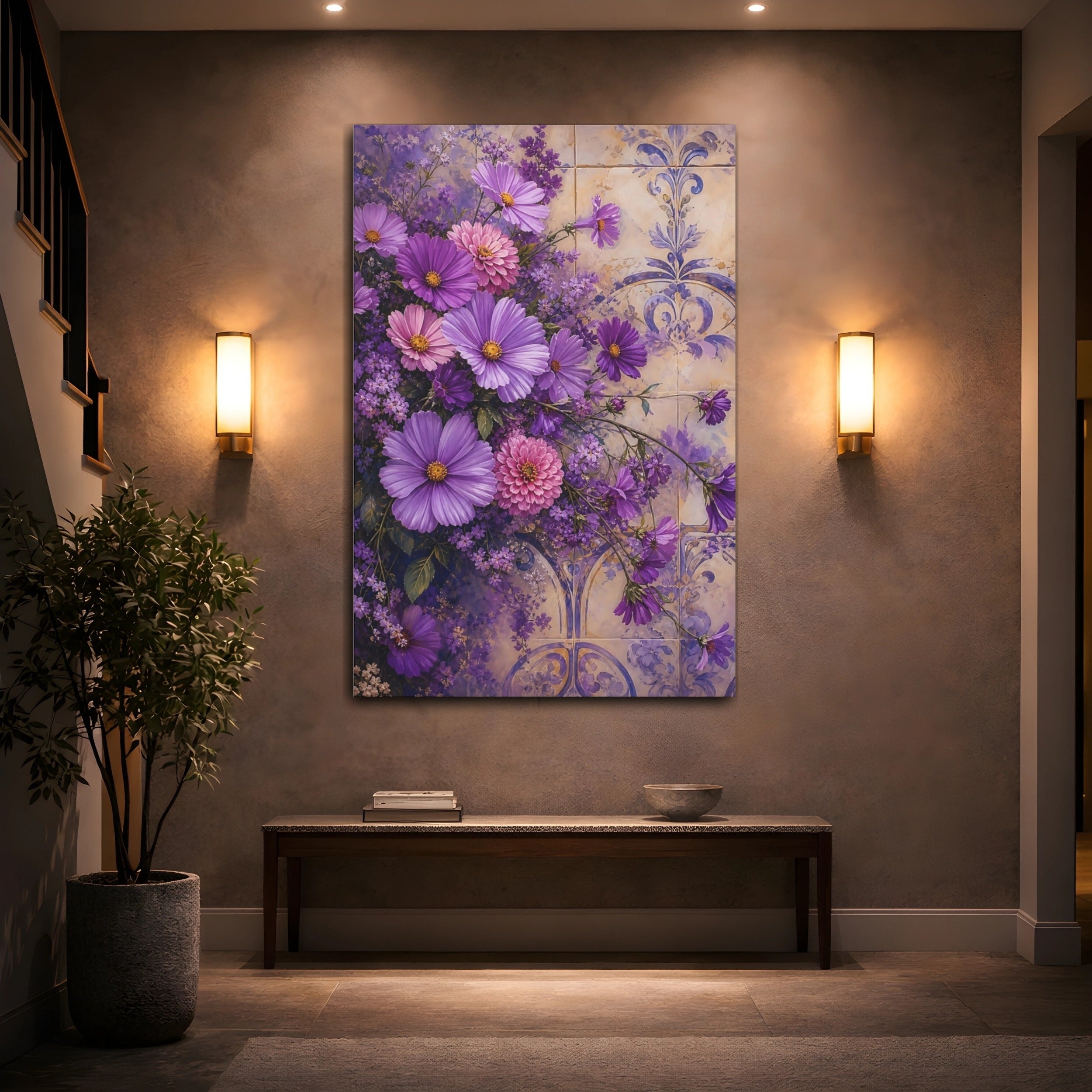 Mockup 2. Floral Purple Flowers Purple Floral shown as stretched canvas wall art