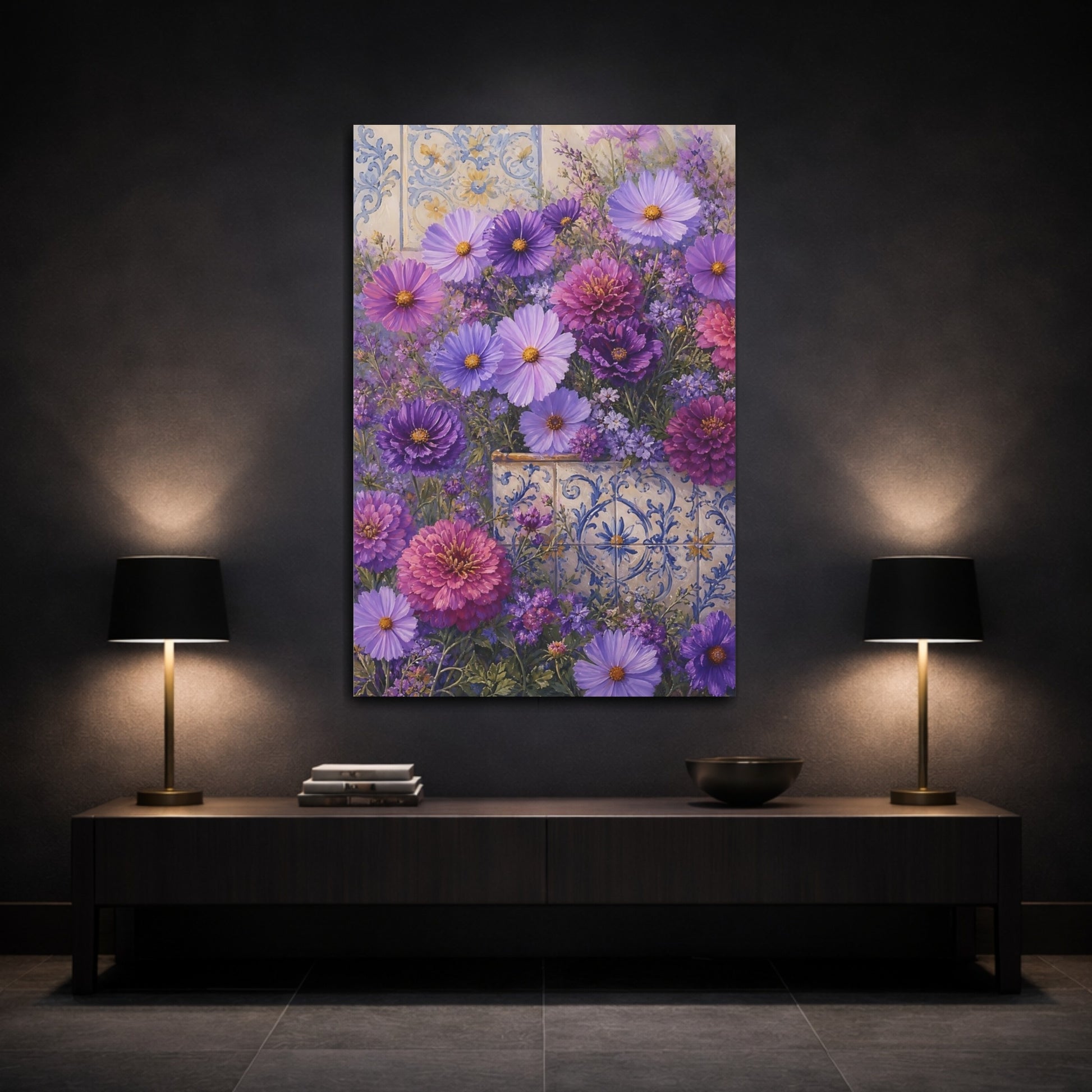 Mockup 3. Floral Purple Flowers Purple Floral shown as stretched canvas wall art