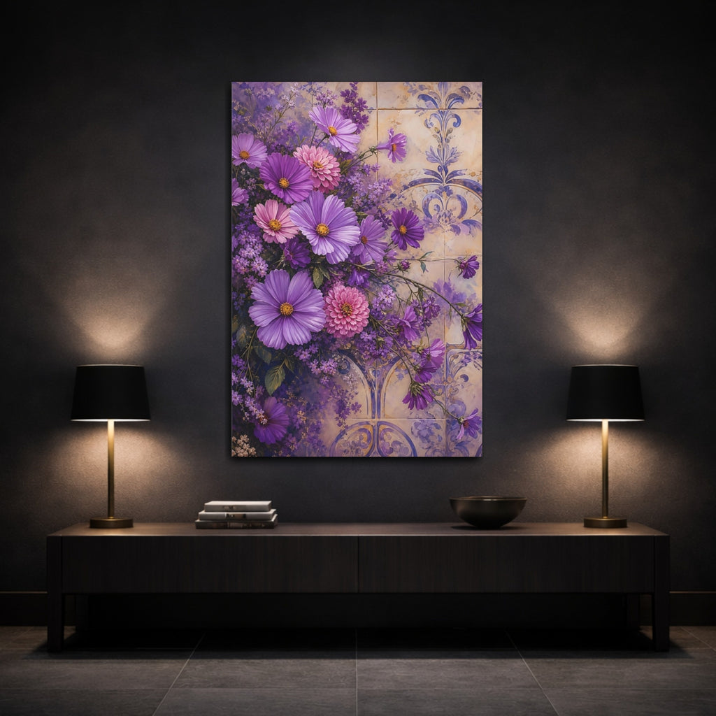 Mockup 3. Floral Purple Flowers Purple Floral shown as stretched canvas wall art