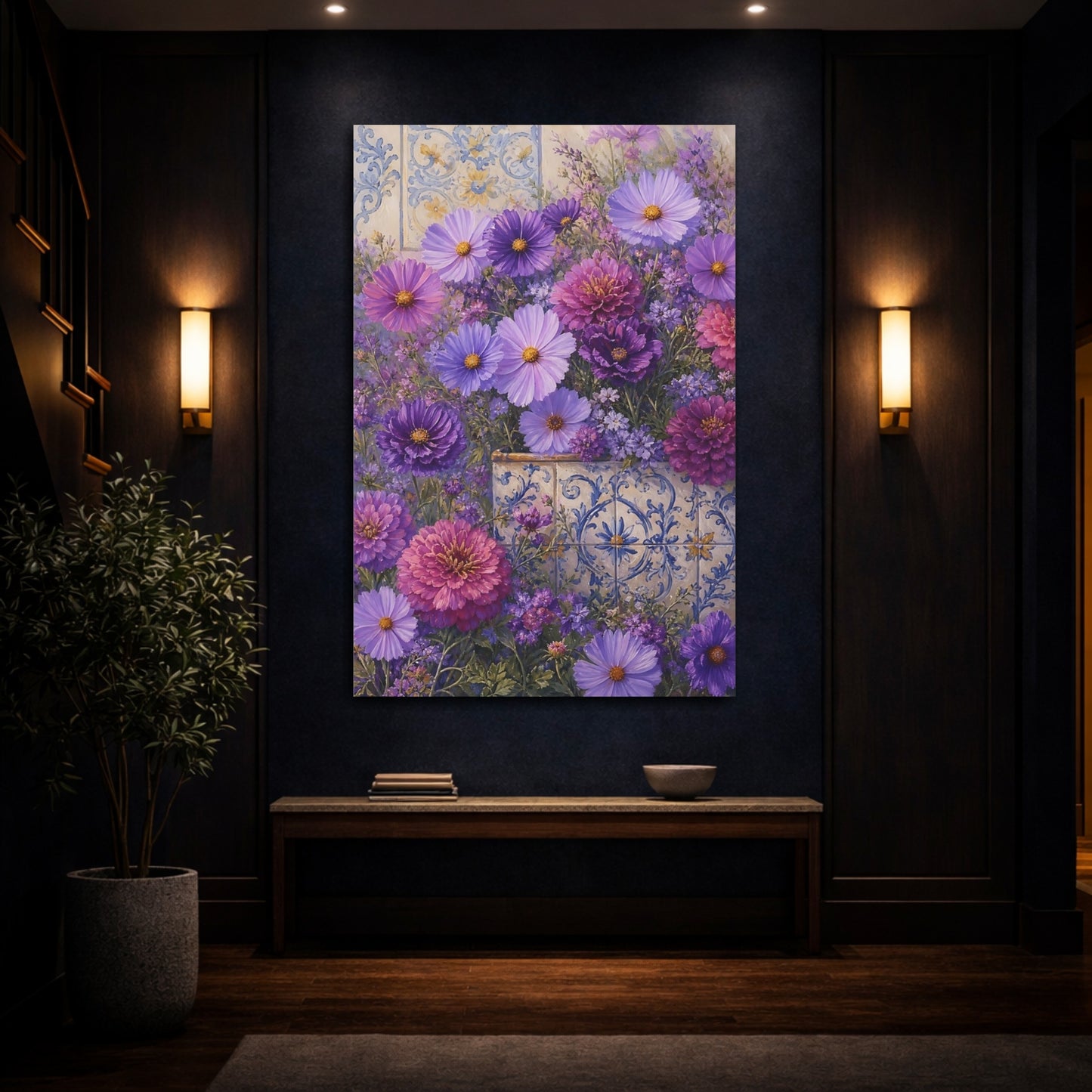 Mockup 4. Floral Purple Flowers Purple Floral shown as stretched canvas wall art