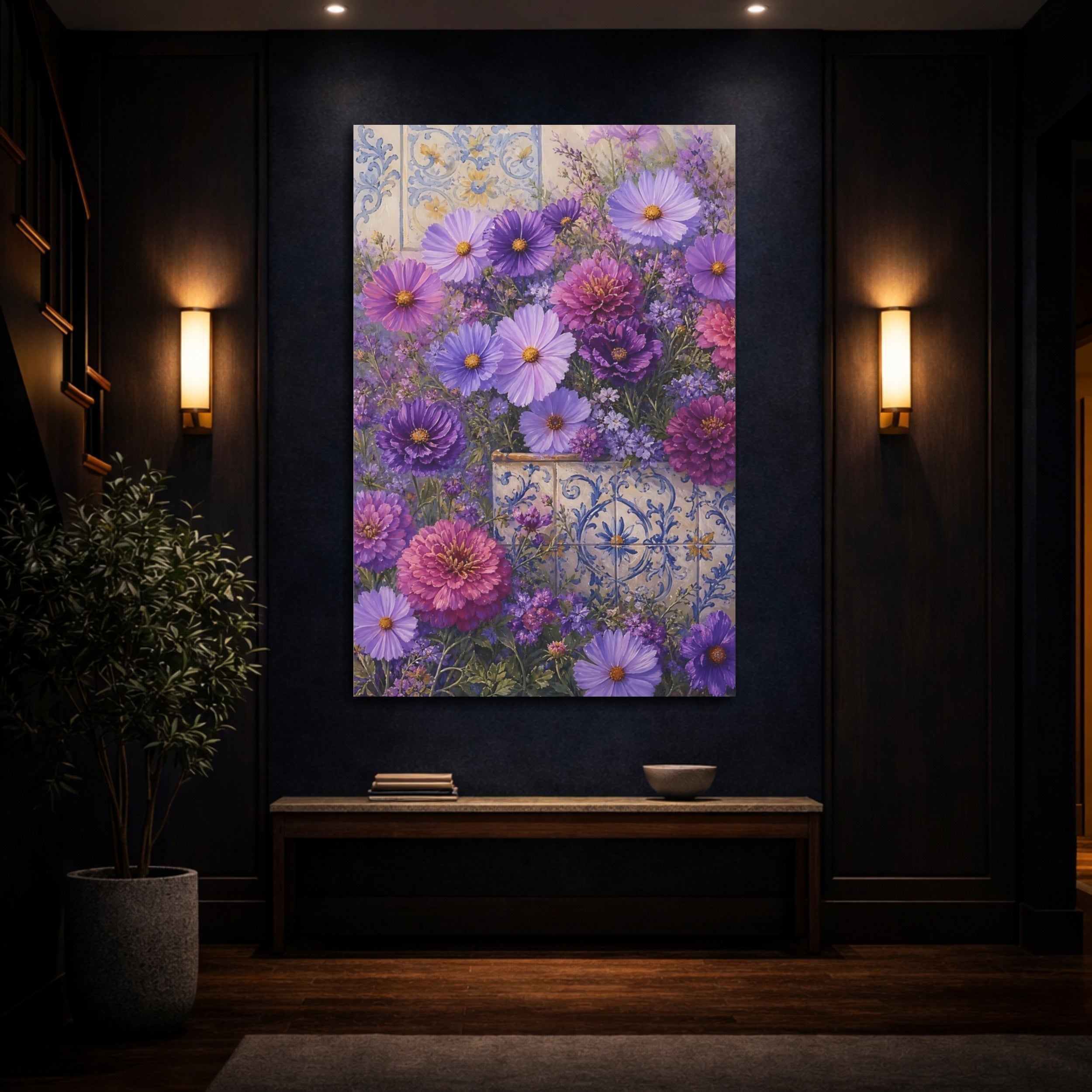 Mockup 4. Floral Purple Flowers Purple Floral shown as stretched canvas wall art