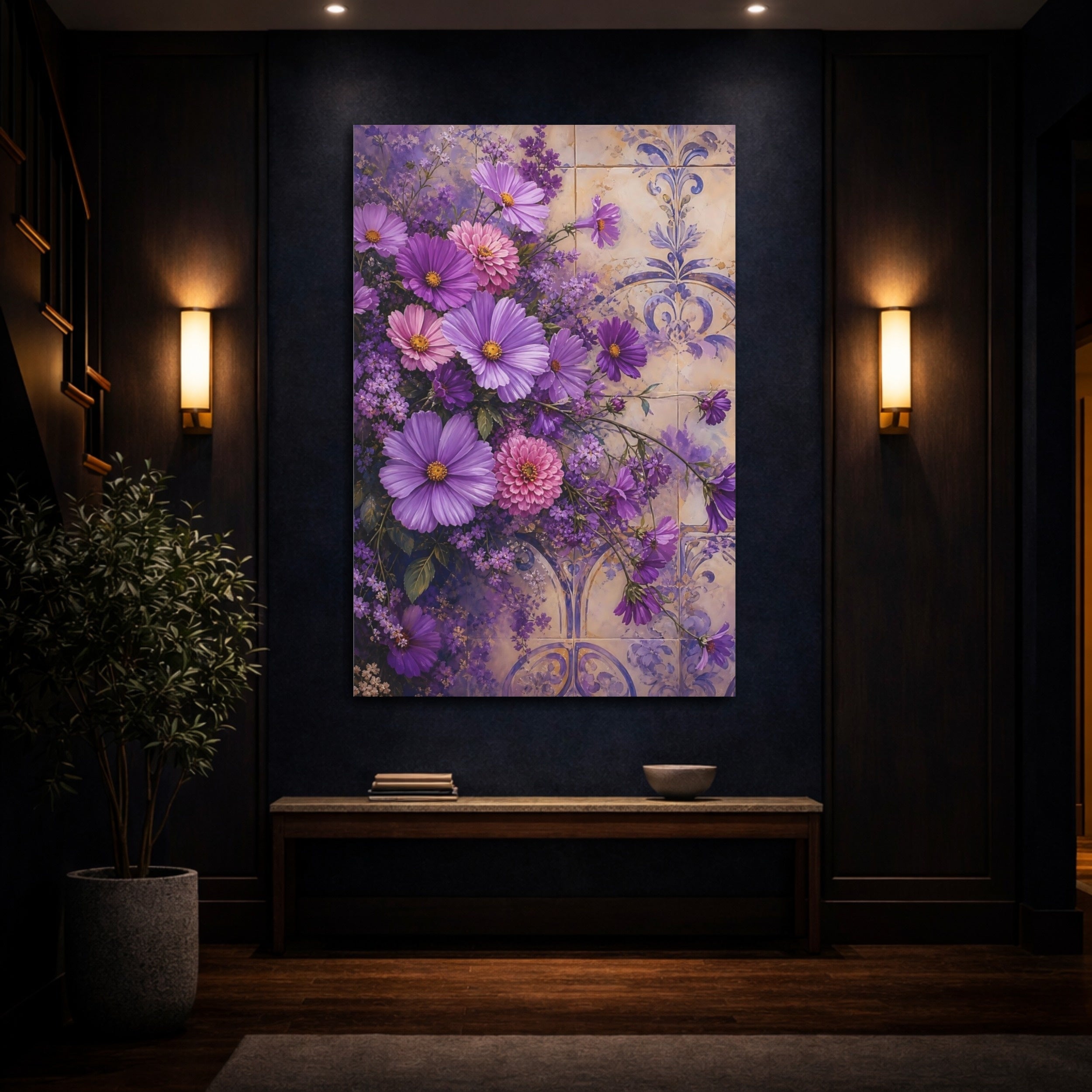 Mockup 4. Floral Purple Flowers Purple Floral shown as stretched canvas wall art