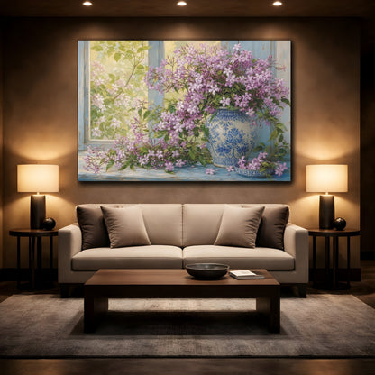 Mockup 2. Floral Purple Flowers Purple Floral Still Life shown as stretched canvas wall art