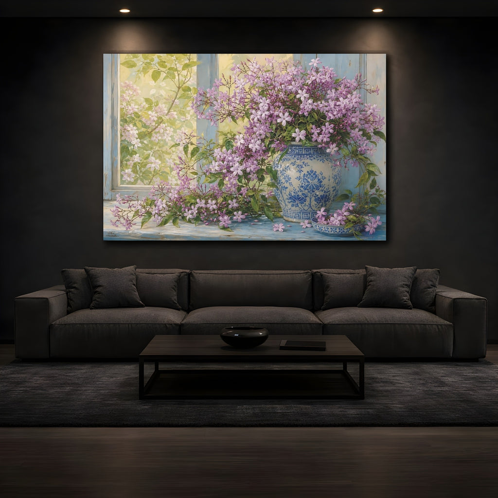 Mockup 3. Floral Purple Flowers Purple Floral Still Life shown as stretched canvas wall art