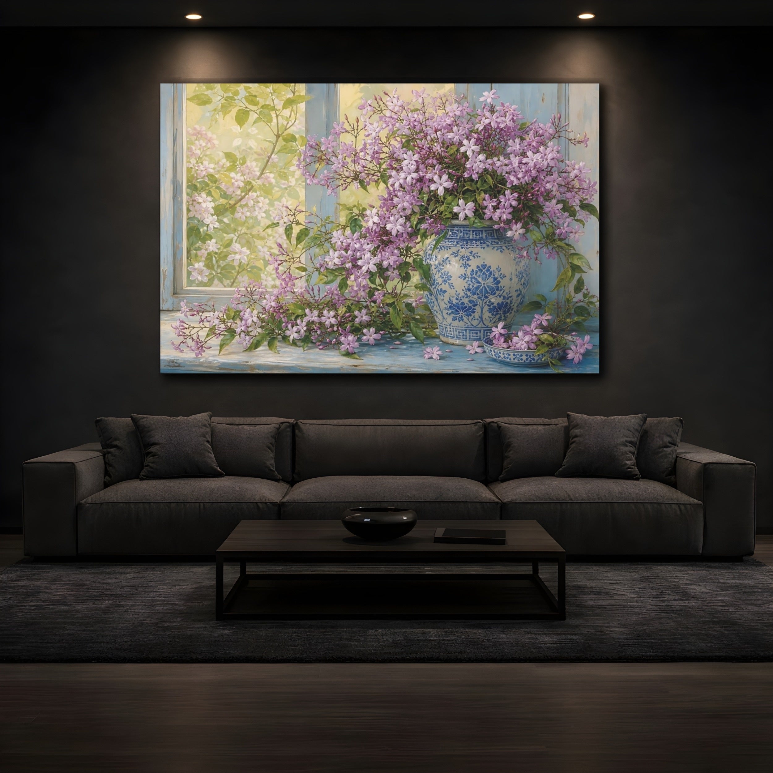 Mockup 3. Floral Purple Flowers Purple Floral Still Life shown as stretched canvas wall art