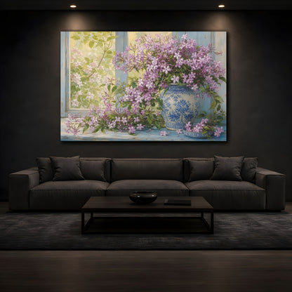 Mockup 3. Floral Purple Flowers Purple Floral Still Life shown as stretched canvas wall art