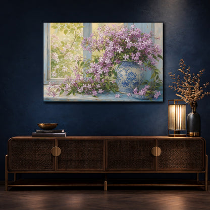 Mockup 4. Floral Purple Flowers Purple Floral Still Life shown as stretched canvas wall art
