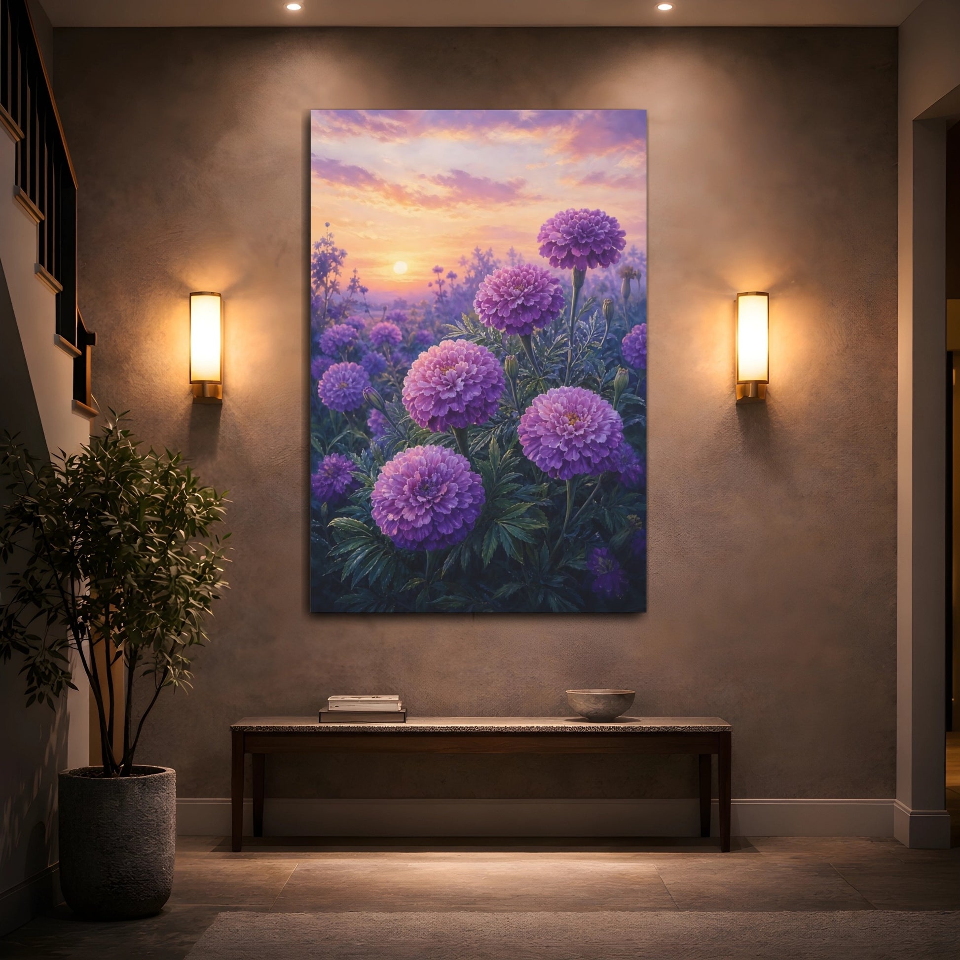 Mockup 2. Floral Purple Flowers Purple Floral Sunset shown as stretched canvas wall art