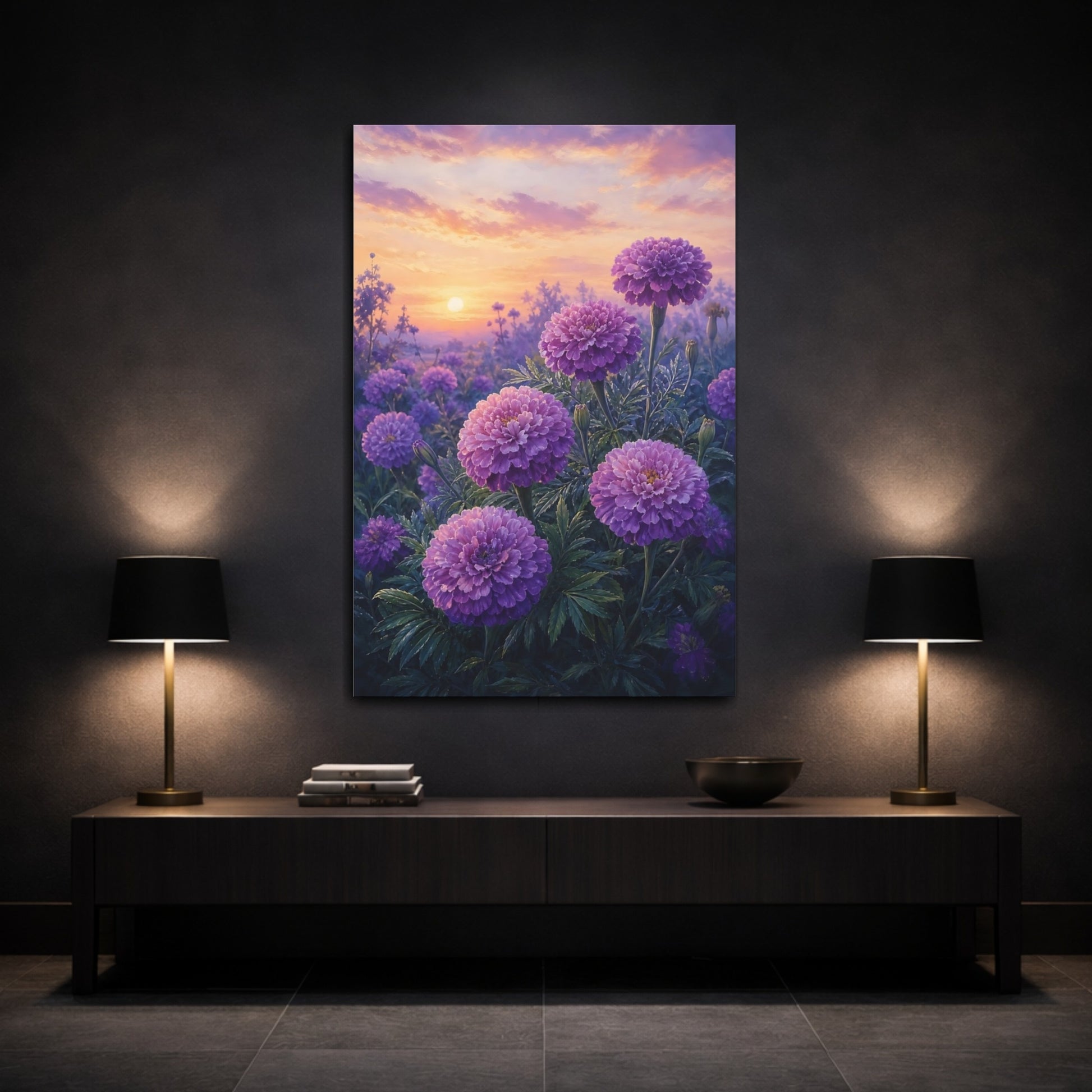 Mockup 3. Floral Purple Flowers Purple Floral Sunset shown as stretched canvas wall art