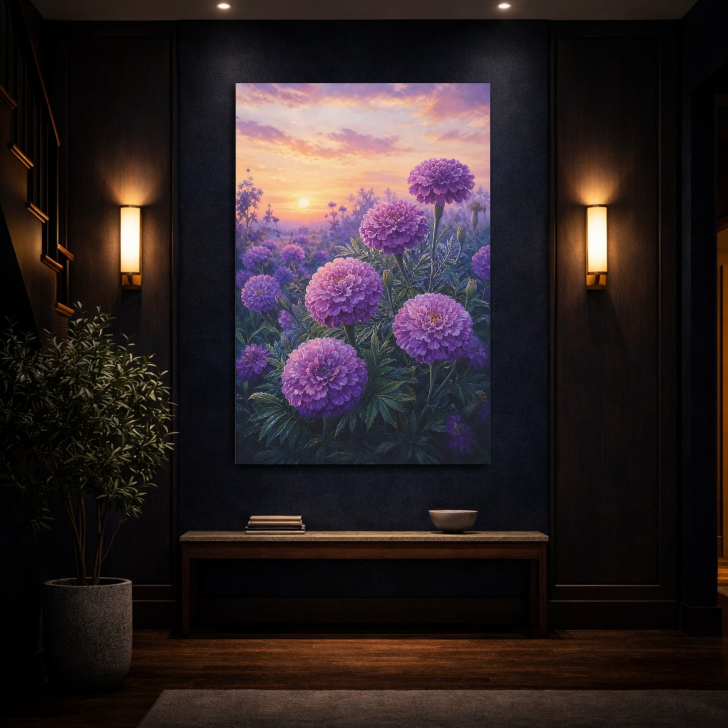 Mockup 4. Floral Purple Flowers Purple Floral Sunset shown as stretched canvas wall art