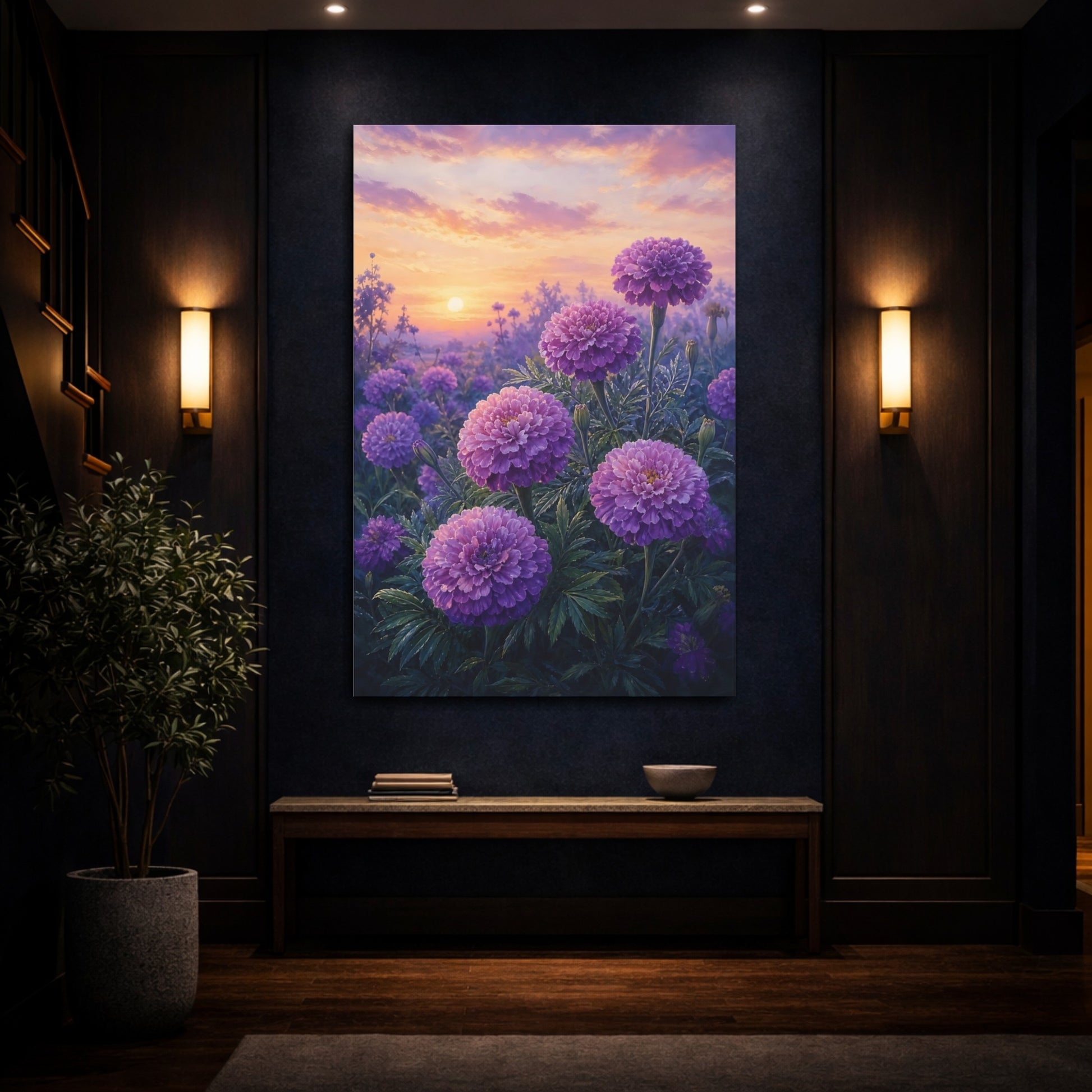 Mockup 4. Floral Purple Flowers Purple Floral Sunset shown as stretched canvas wall art