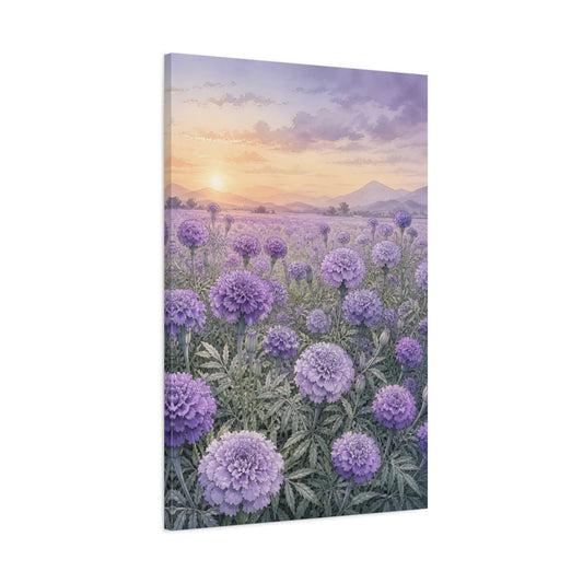 Main Mockup. Floral Purple Flowers Purple Flowers Sunset shown as stretched canvas wall art