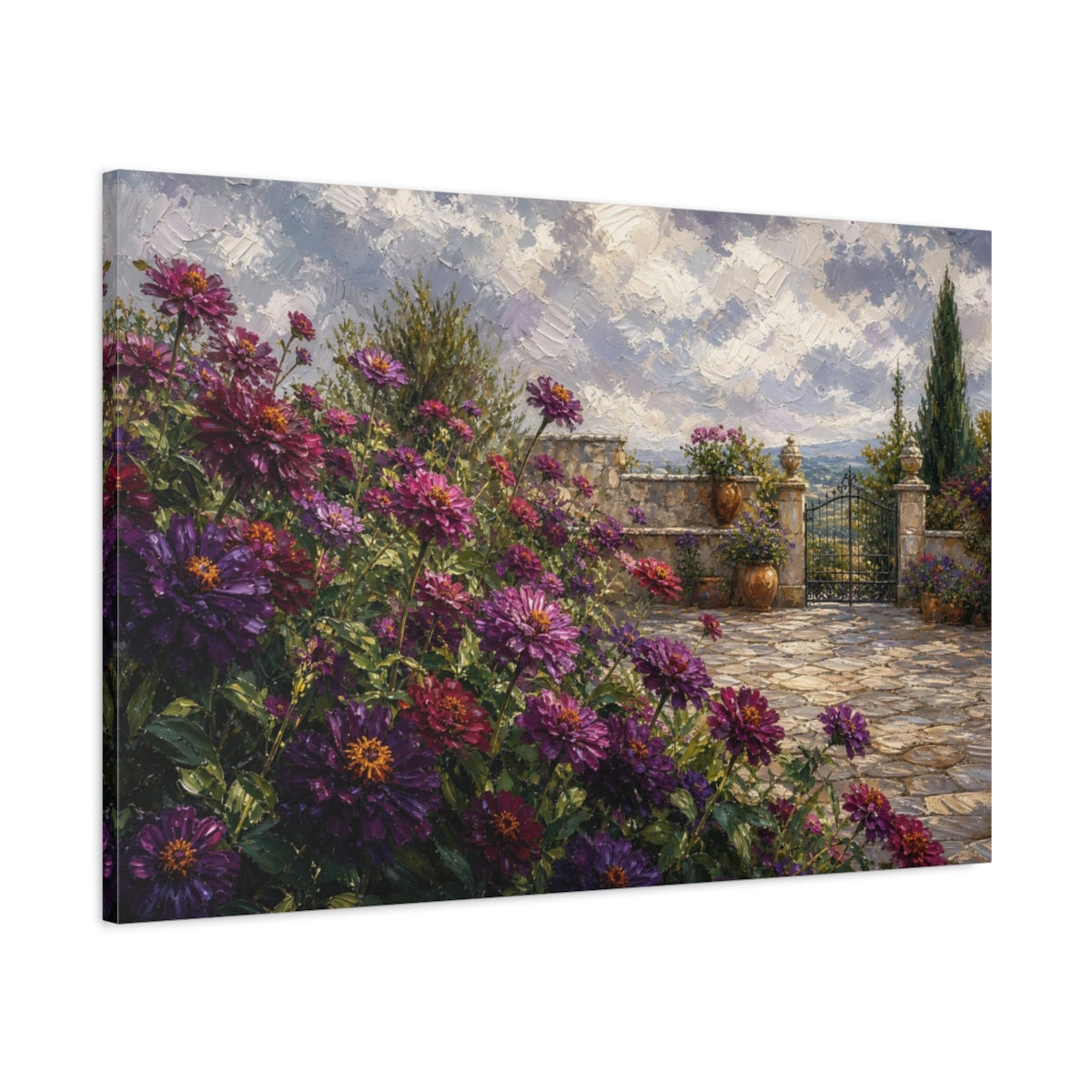 Main Mockup. Floral Purple Flowers Purple Garden Landscape shown as stretched canvas wall art