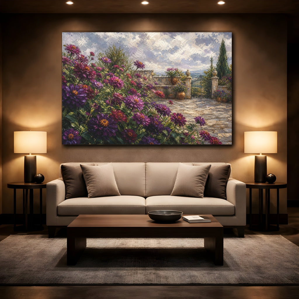 Mockup 2. Floral Purple Flowers Purple Garden Landscape shown as stretched canvas wall art