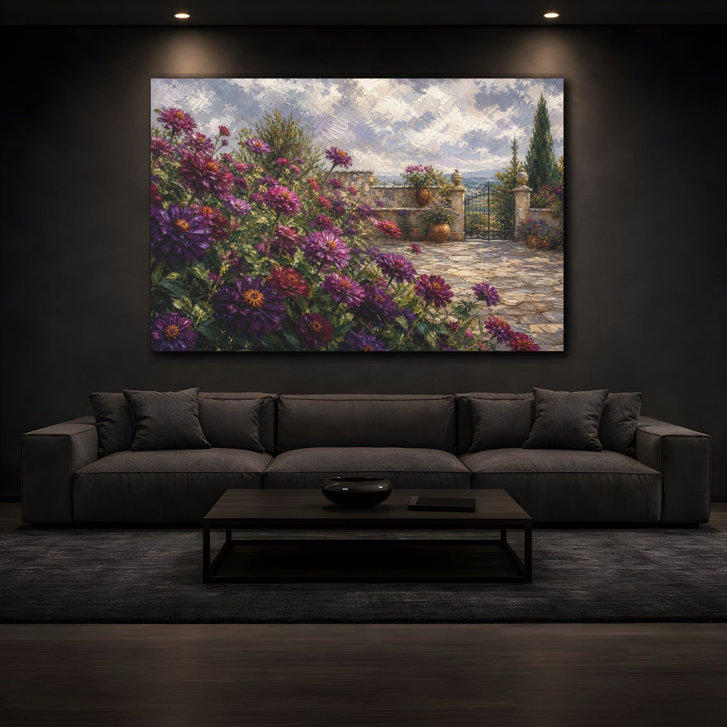 Mockup 3. Floral Purple Flowers Purple Garden Landscape shown as stretched canvas wall art