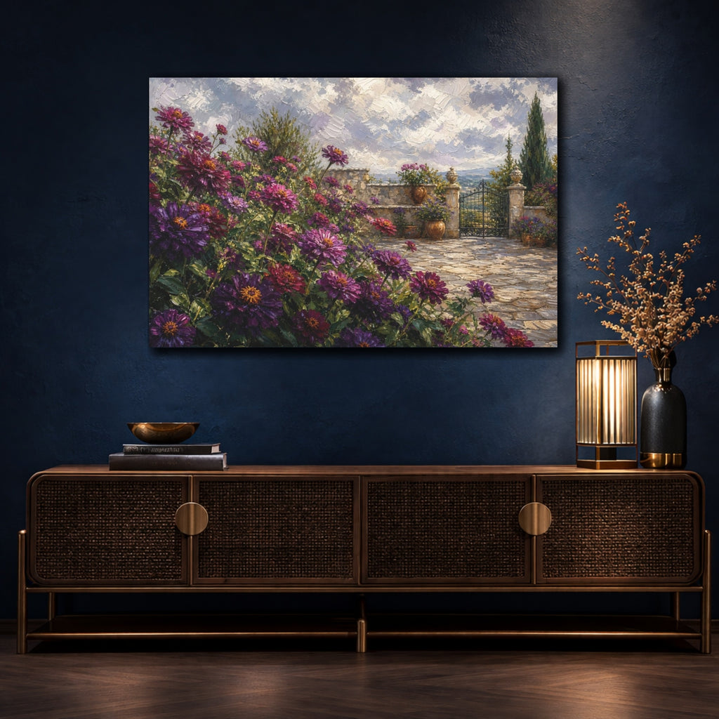 Mockup 4. Floral Purple Flowers Purple Garden Landscape shown as stretched canvas wall art