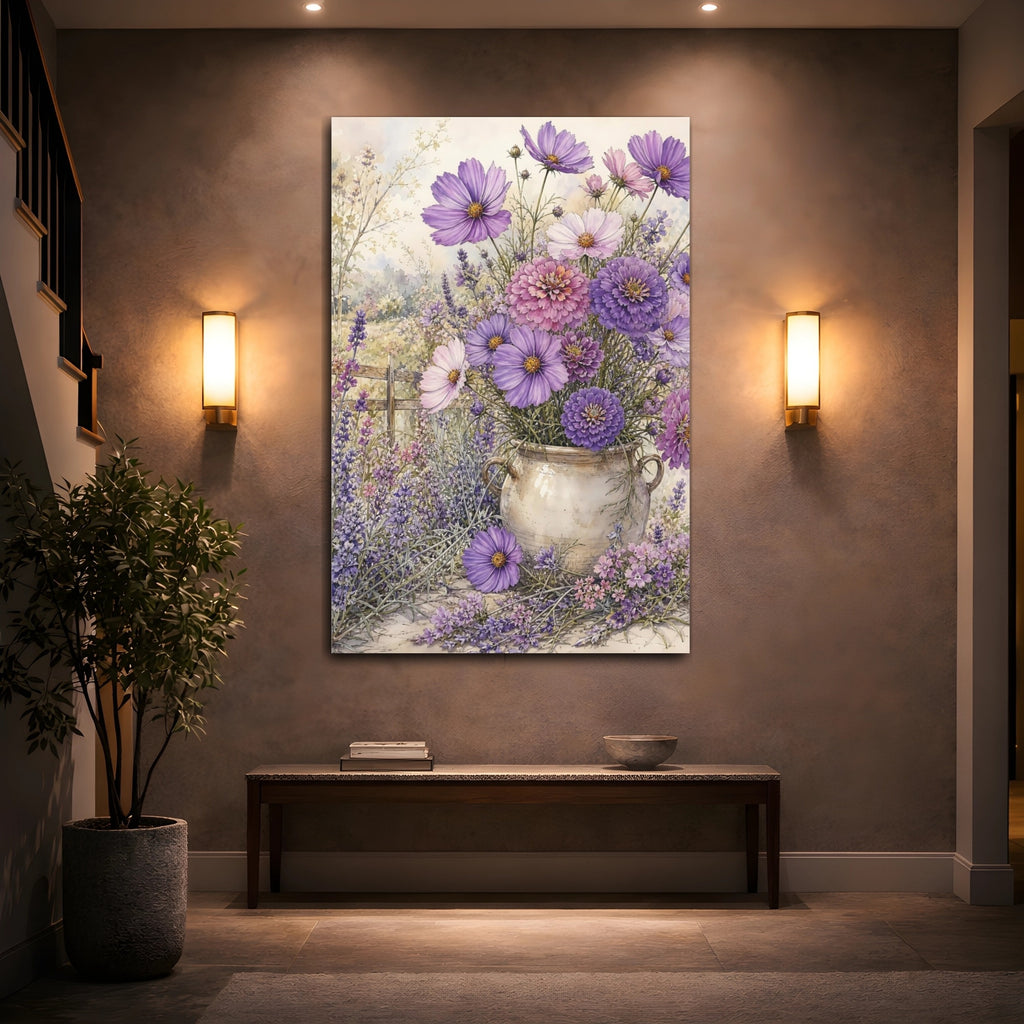 Mockup 2. Floral Purple Flowers Purple Lavender shown as stretched canvas wall art