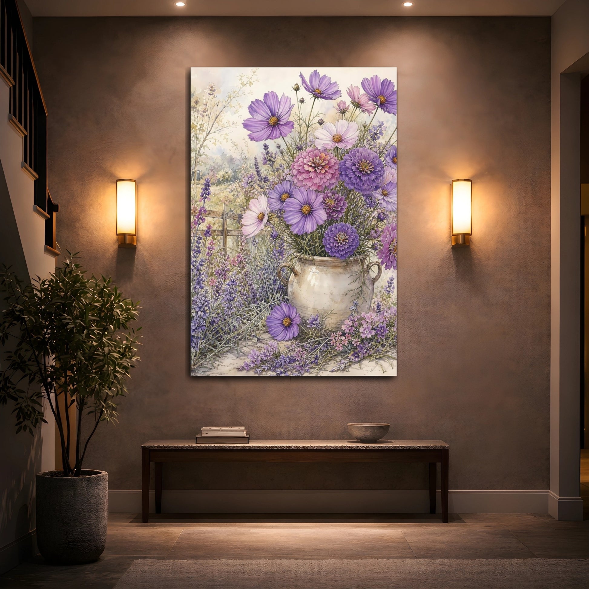 Mockup 2. Floral Purple Flowers Purple Lavender shown as stretched canvas wall art