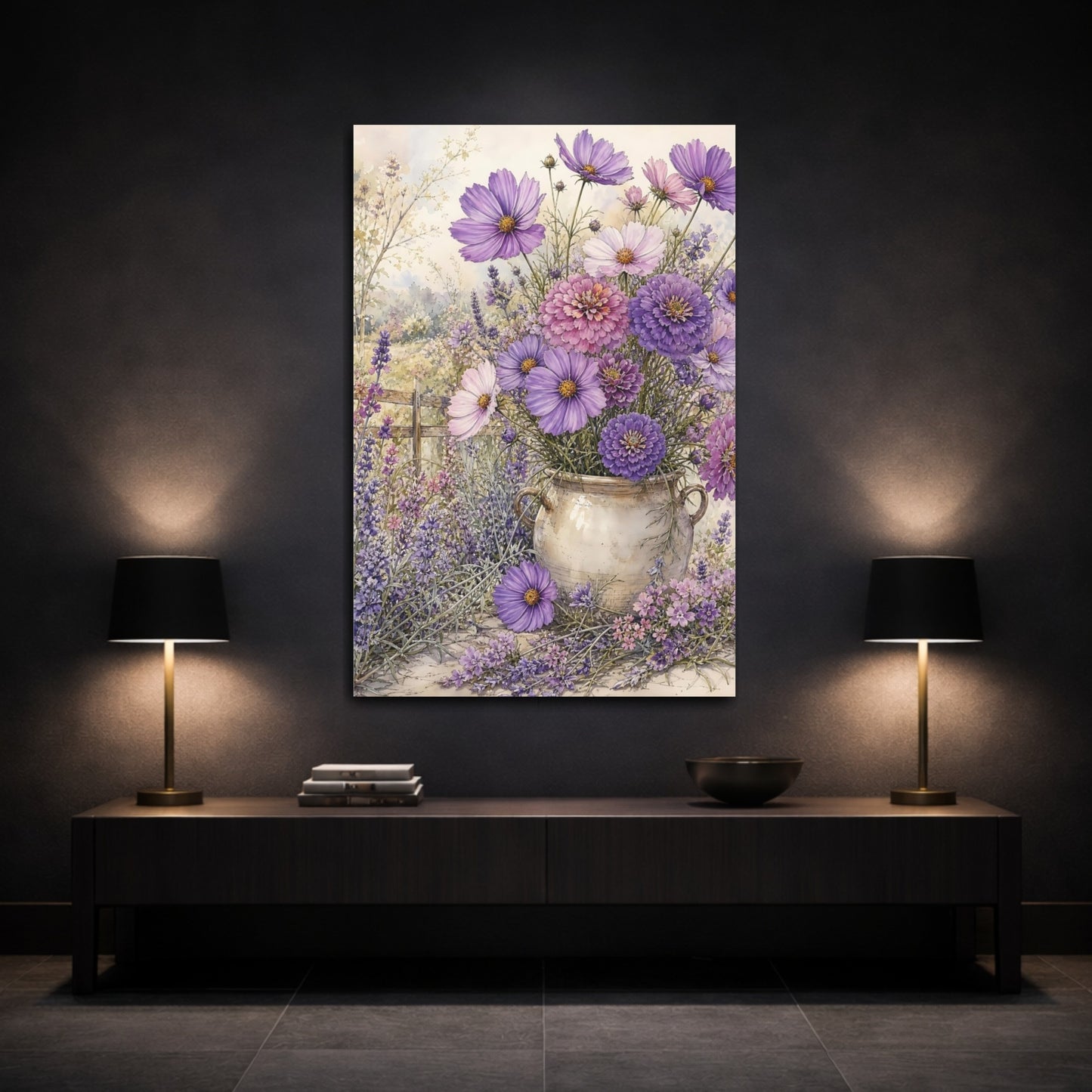 Mockup 3. Floral Purple Flowers Purple Lavender shown as stretched canvas wall art