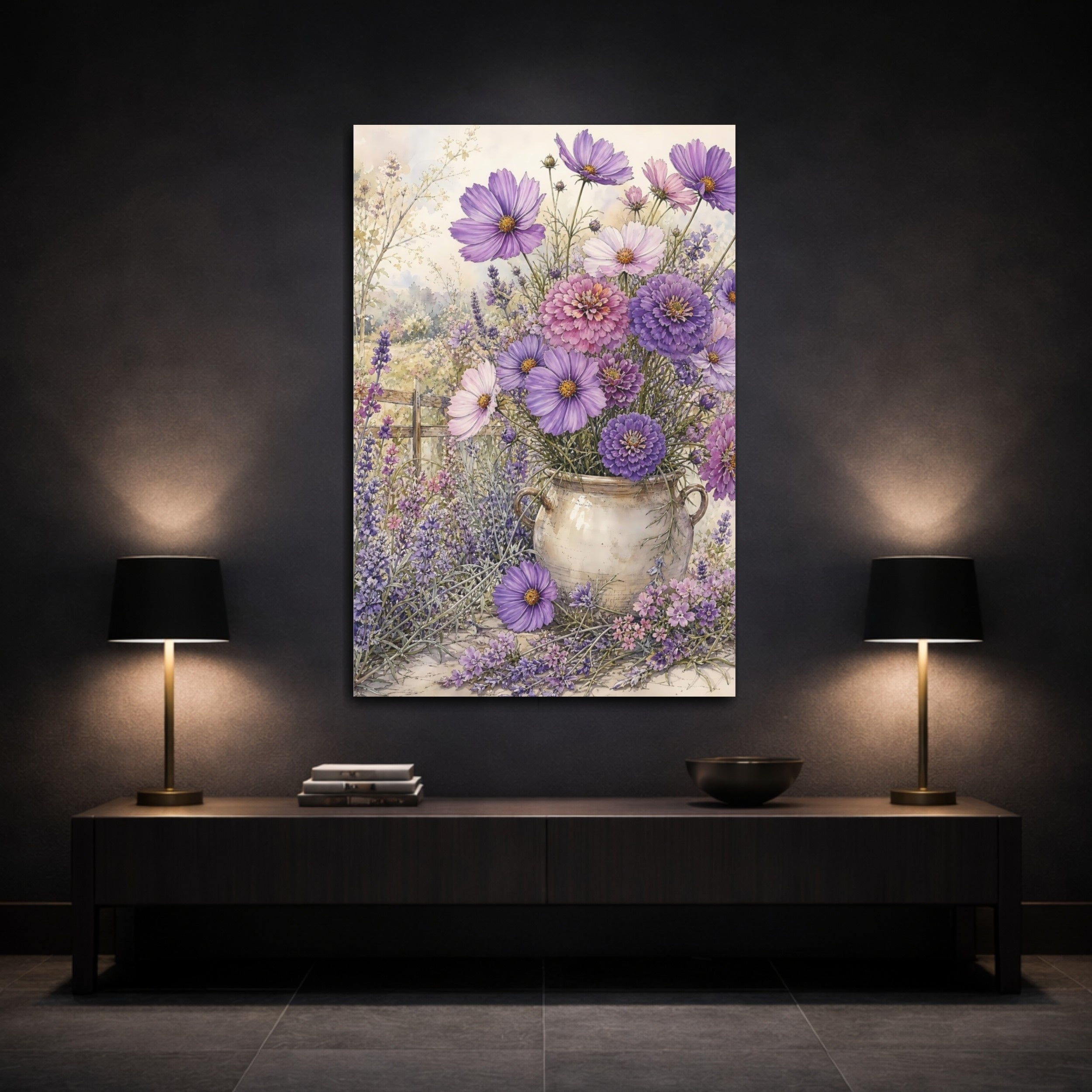 Mockup 3. Floral Purple Flowers Purple Lavender shown as stretched canvas wall art