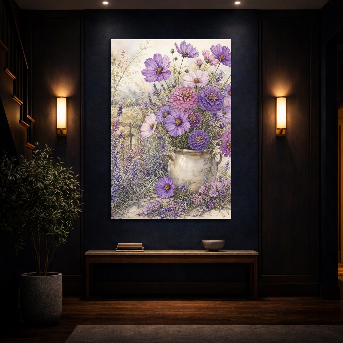 Mockup 4. Floral Purple Flowers Purple Lavender shown as stretched canvas wall art