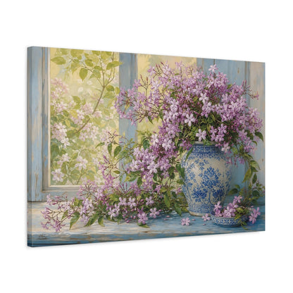 Side Mockup 2. Floral Purple Flowers Purple Floral Still Life shown as stretched canvas wall art