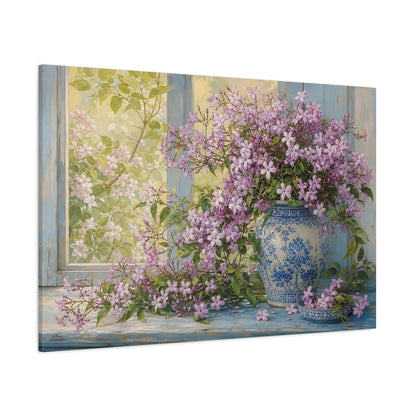 Side Mockup 1. Floral Purple Flowers Purple Floral Still Life shown as stretched canvas wall art