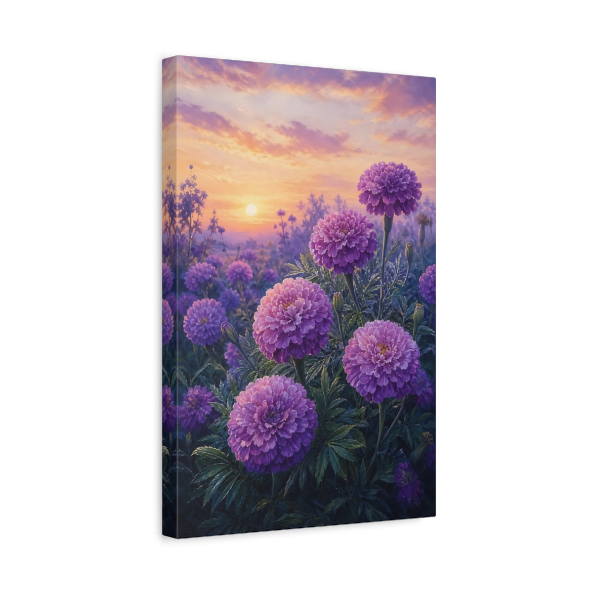 Side Mockup 4. Floral Purple Flowers Purple Floral Sunset shown as stretched canvas wall art