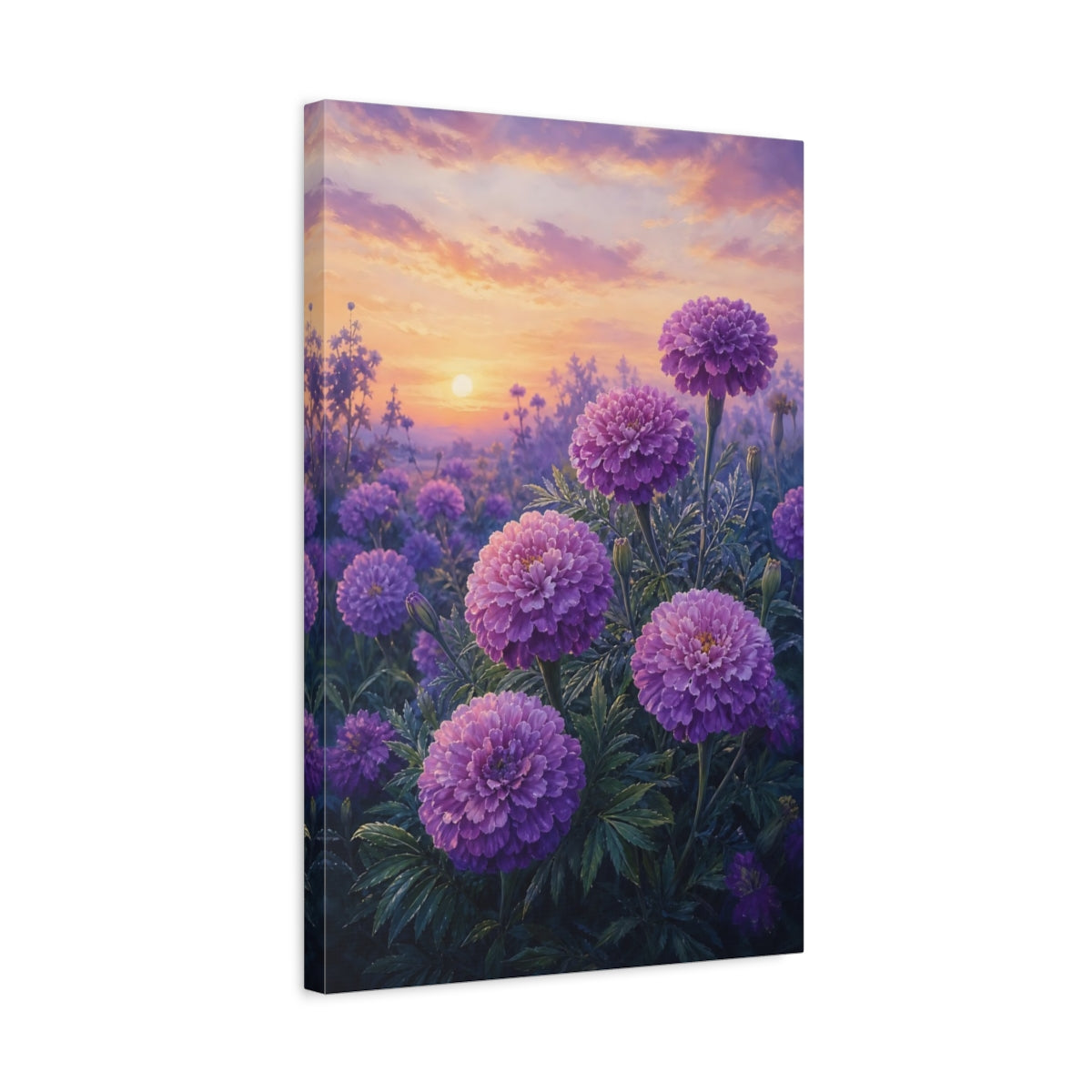 Side Mockup 3. Floral Purple Flowers Purple Floral Sunset shown as stretched canvas wall art