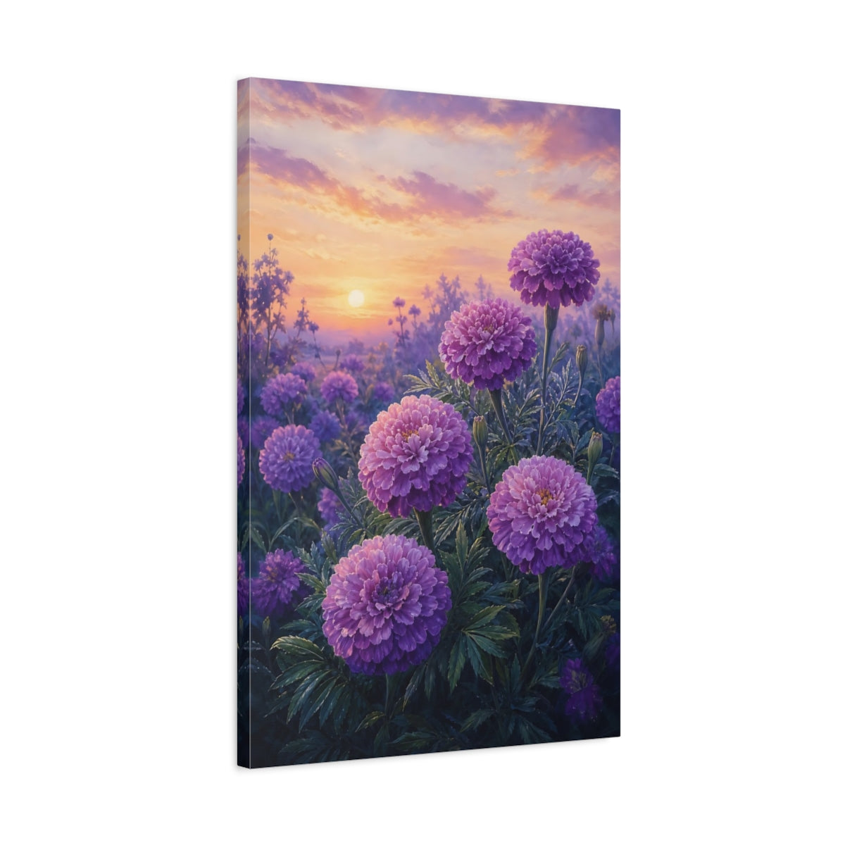 Side Mockup 2. Floral Purple Flowers Purple Floral Sunset shown as stretched canvas wall art