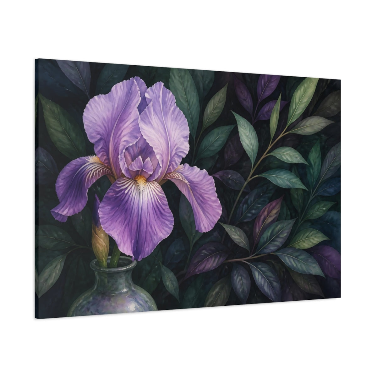 Side Mockup 1. Floral Purple Iris Purple Floral shown as stretched canvas wall art
