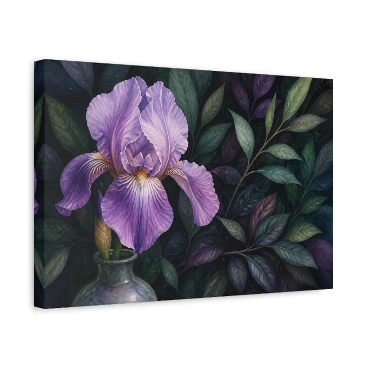 Side Mockup 4. Floral Purple Iris Purple Floral shown as stretched canvas wall art