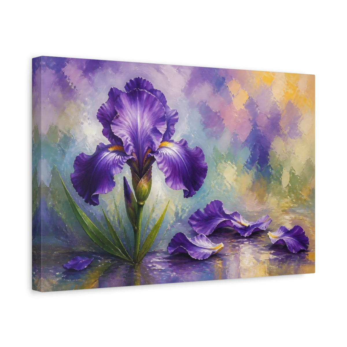 Side Mockup 4. Floral Purple Iris Purple Iris Floral shown as stretched canvas wall art
