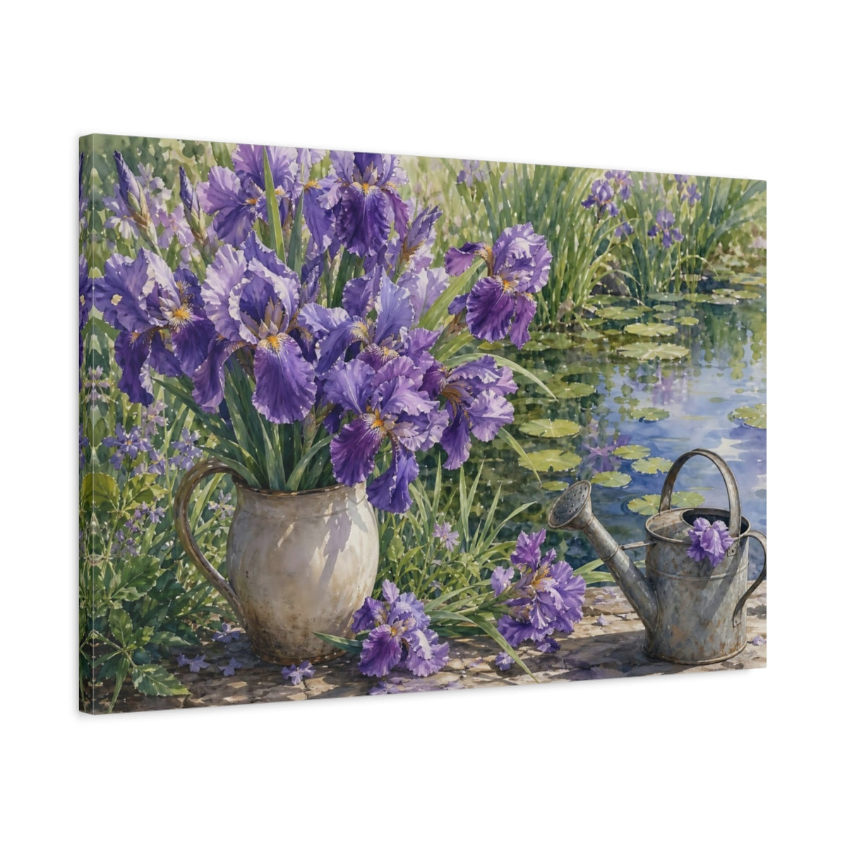 Side Mockup 2. Floral Purple Iris Purple Floral shown as stretched canvas wall art
