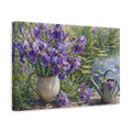Side Mockup 4. Floral Purple Iris Purple Floral shown as stretched canvas wall art