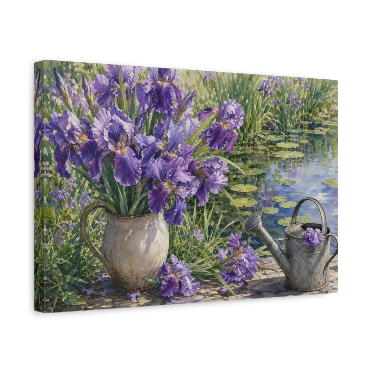 Side Mockup 4. Floral Purple Iris Purple Floral shown as stretched canvas wall art