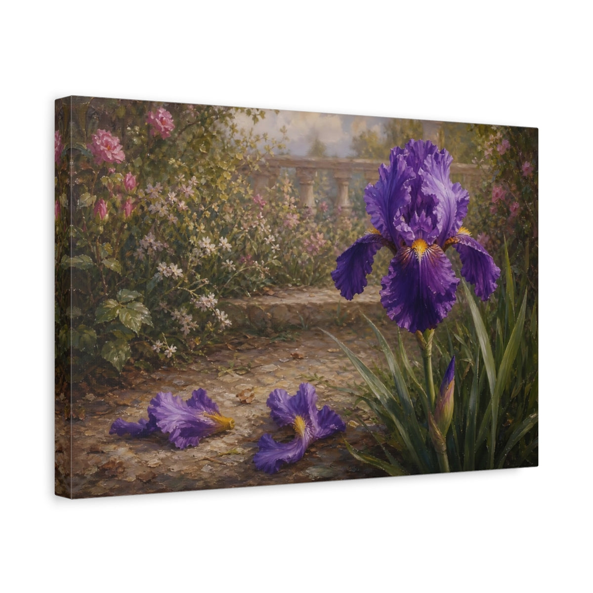 Side Mockup 4. Floral Purple Iris Purple Iris Garden shown as stretched canvas wall art