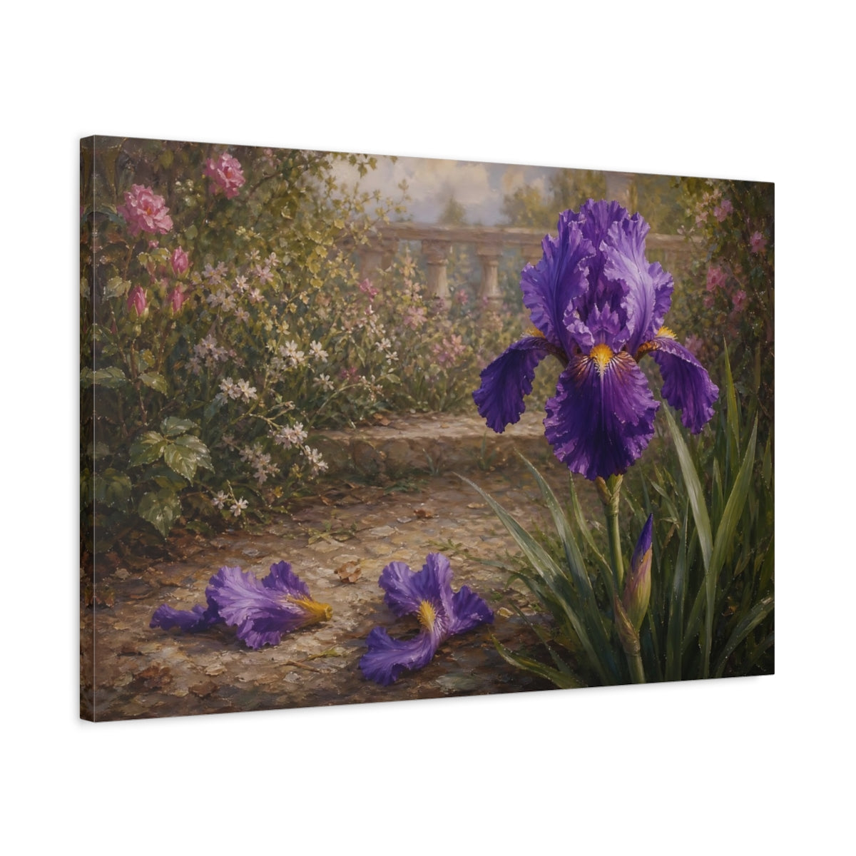 Side Mockup 2. Floral Purple Iris Purple Iris Garden shown as stretched canvas wall art