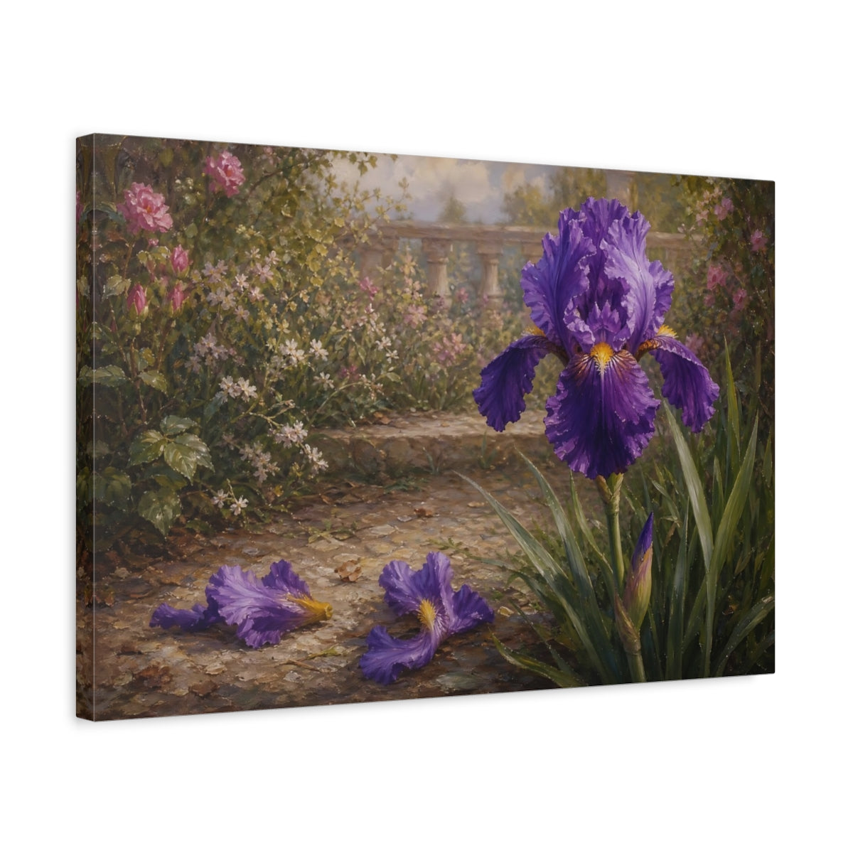Side Mockup 3. Floral Purple Iris Purple Iris Garden shown as stretched canvas wall art
