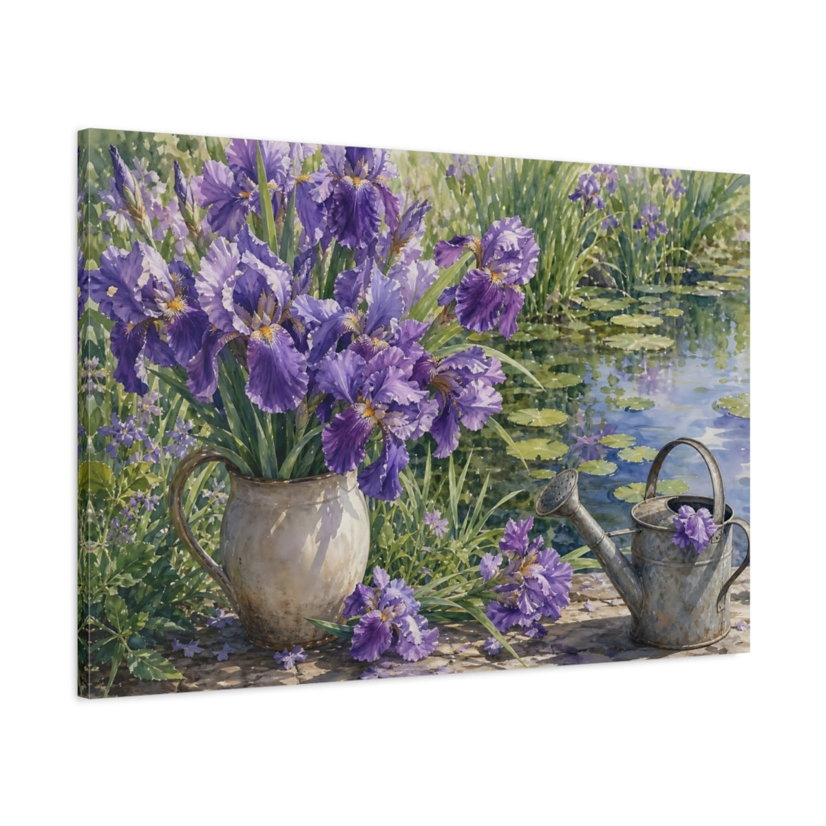 Main Mockup. Floral Purple Iris Purple Floral shown as stretched canvas wall art