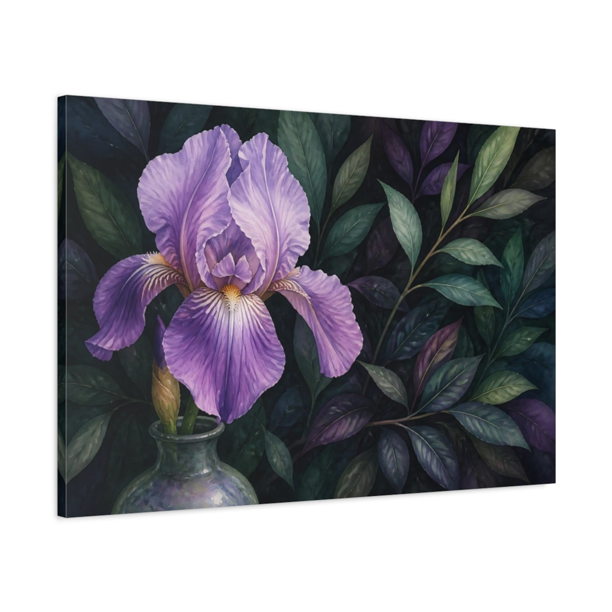 Main Mockup. Floral Purple Iris Purple Floral shown as stretched canvas wall art