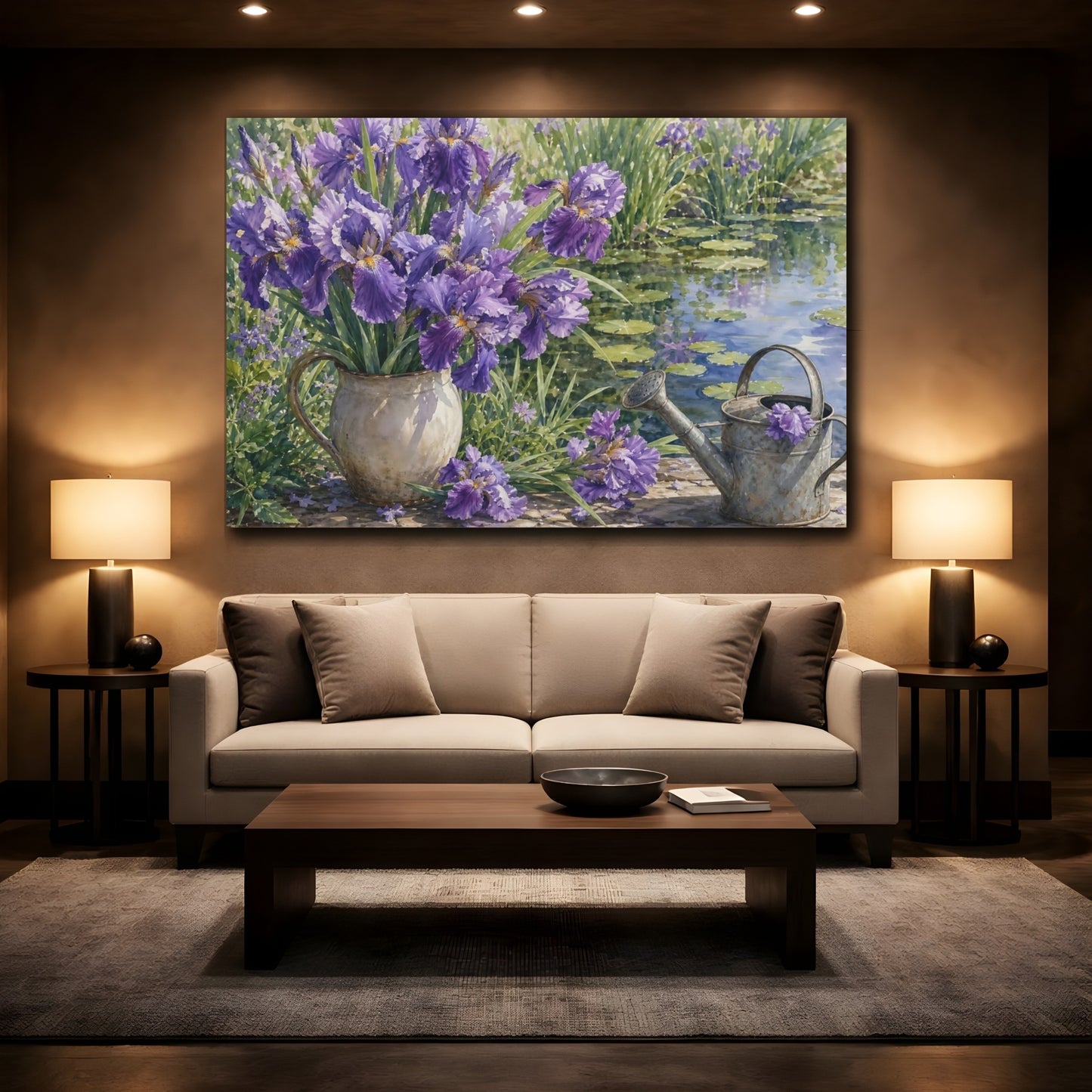 Mockup 2. Floral Purple Iris Purple Floral shown as stretched canvas wall art