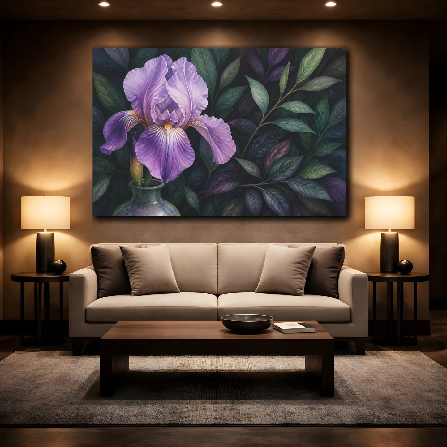 Mockup 2. Floral Purple Iris Purple Floral shown as stretched canvas wall art