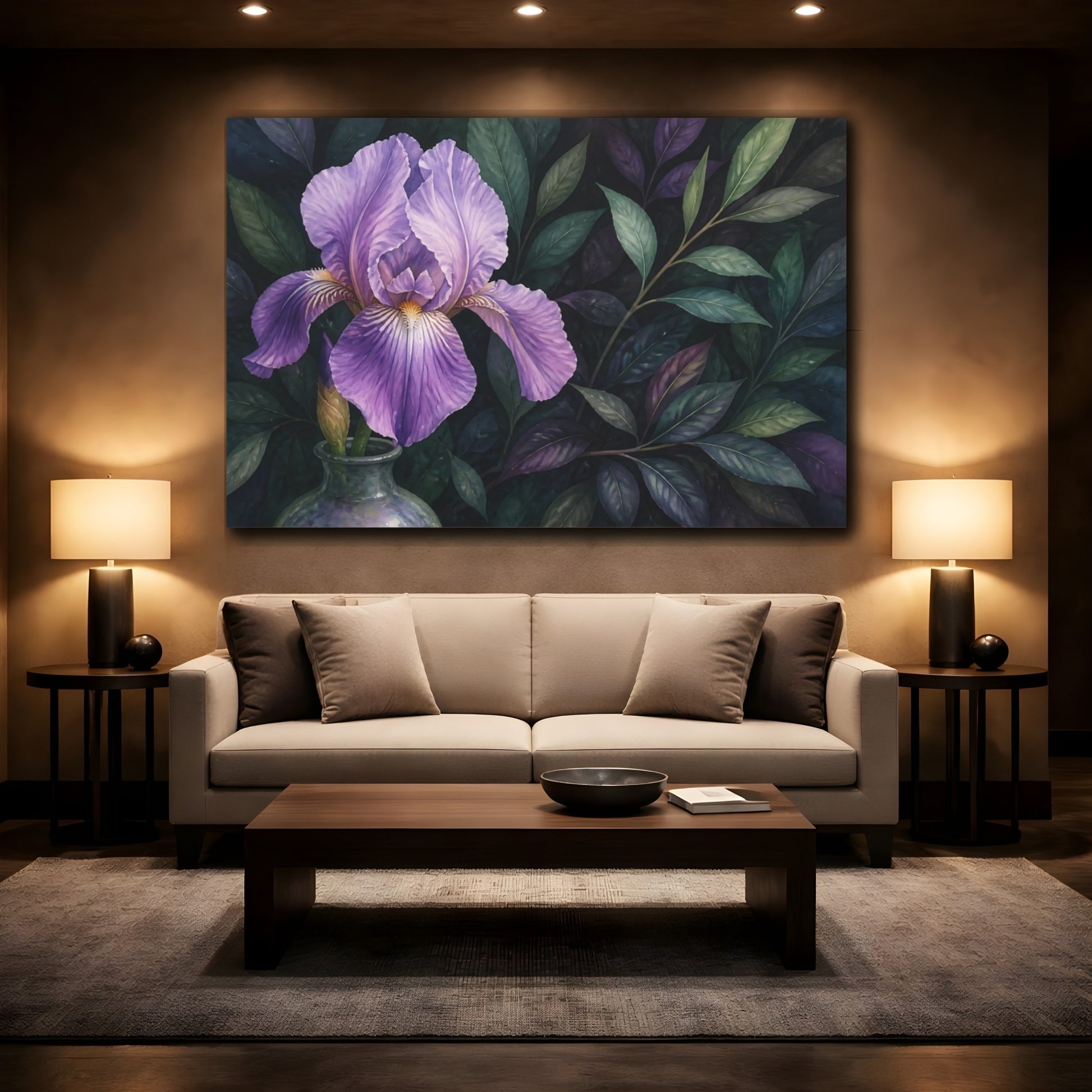 Mockup 2. Floral Purple Iris Purple Floral shown as stretched canvas wall art