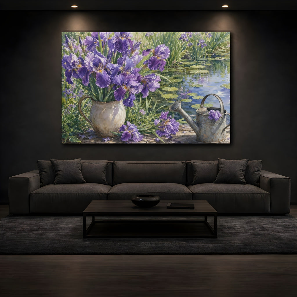 Mockup 3. Floral Purple Iris Purple Floral shown as stretched canvas wall art